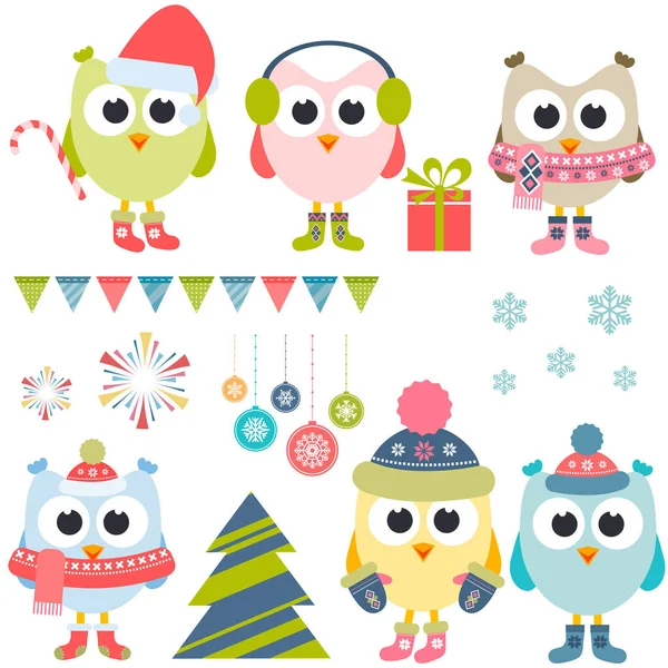 Set of christmas owls in winter — Stock Vector