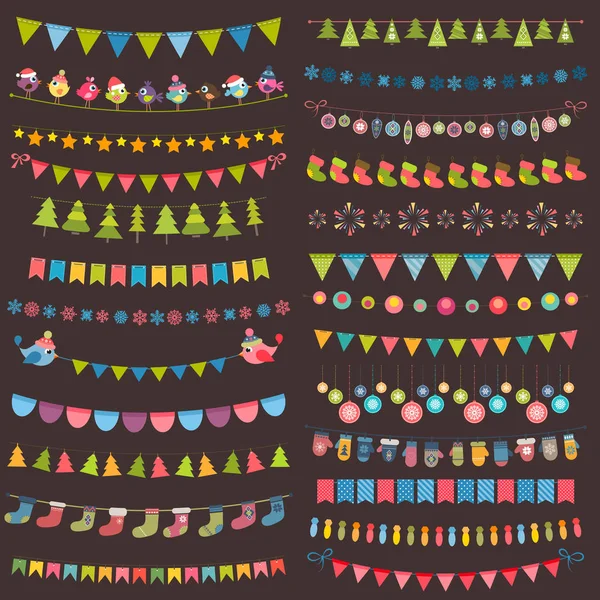 Drapeaux de Noël, bruants et collection de guirlandes — Image vectorielle