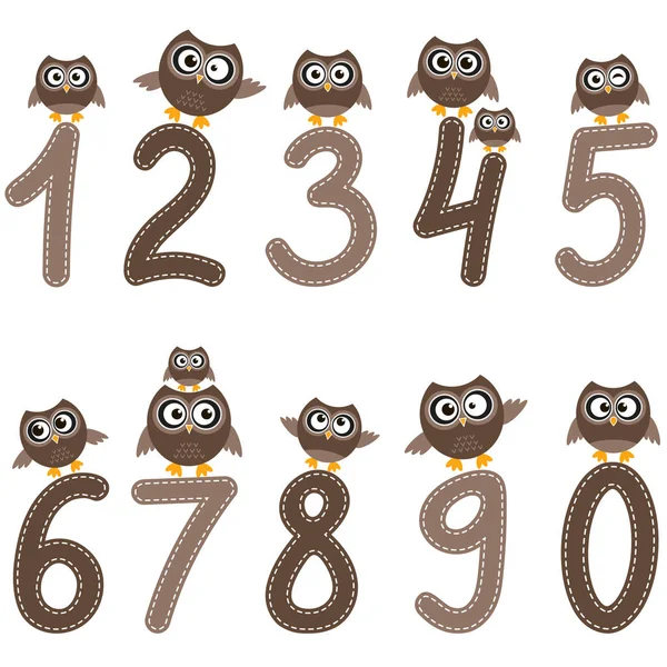 Числа від нуля до дев'яти і сови — стоковий вектор