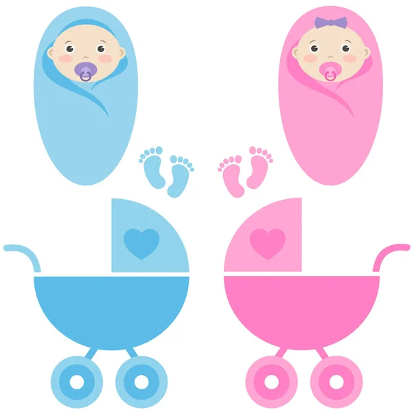 Meisje van de baby, babyjongen en kinderwagen — Stockvector