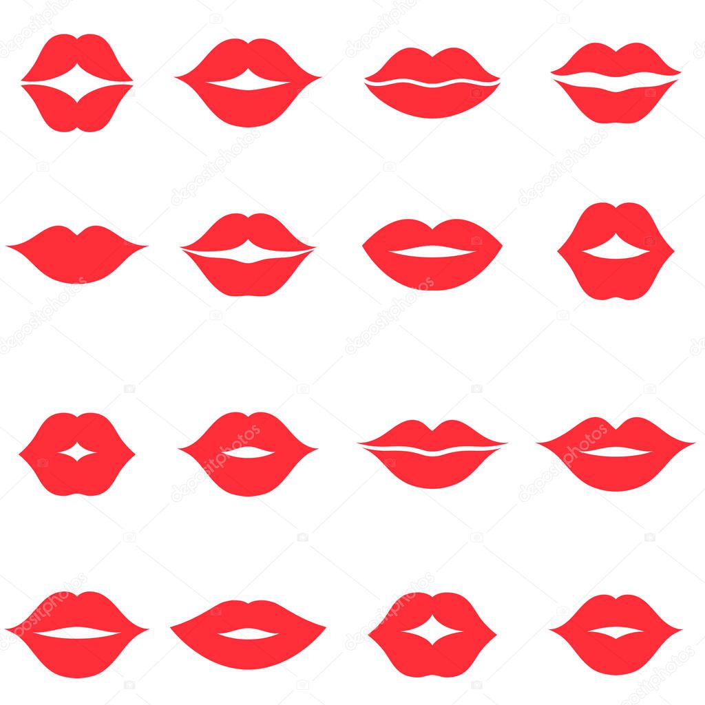 Set of red women s lips icons isolated on white