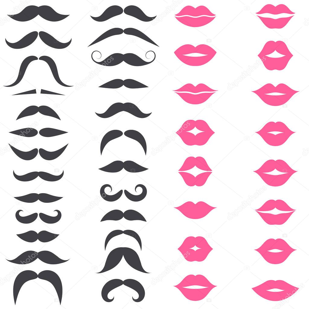 Set of mustache and pink lips isolated on white