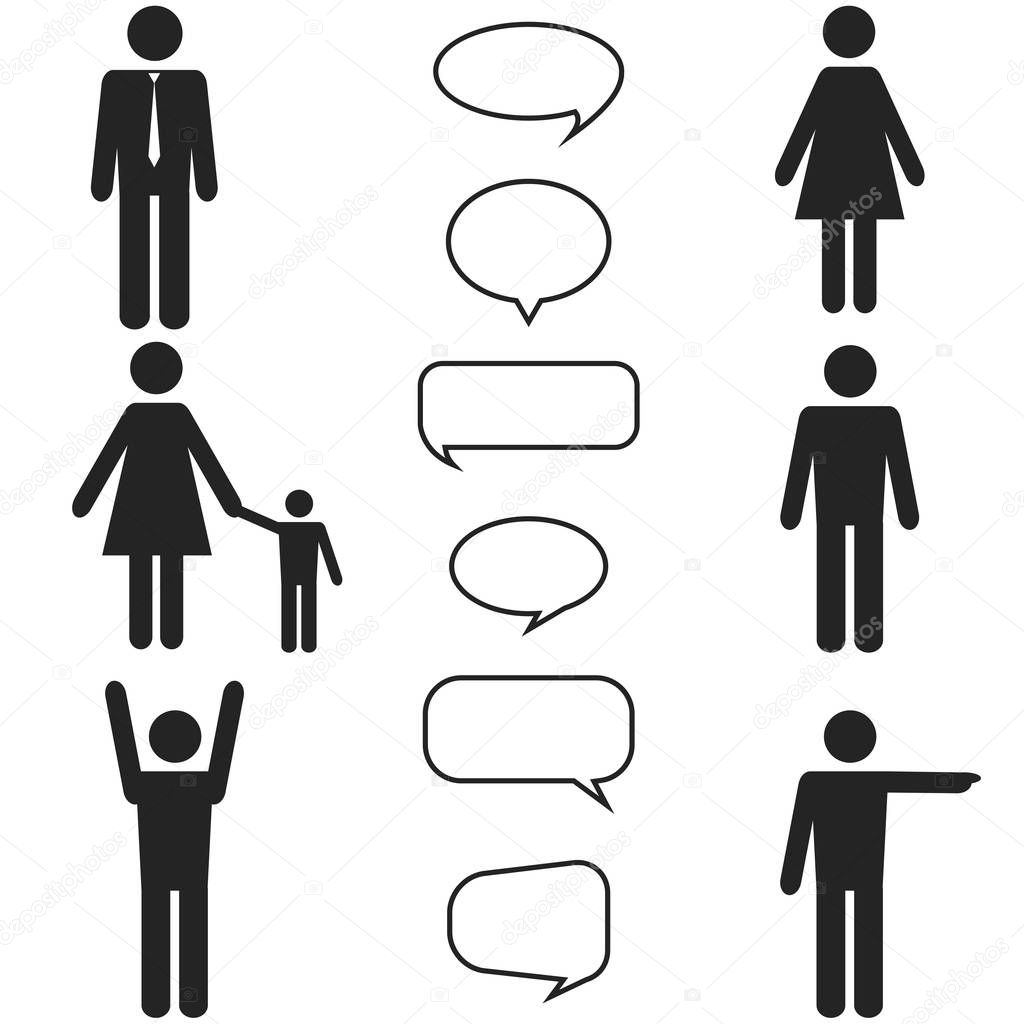 people black icons and speech bubbles set