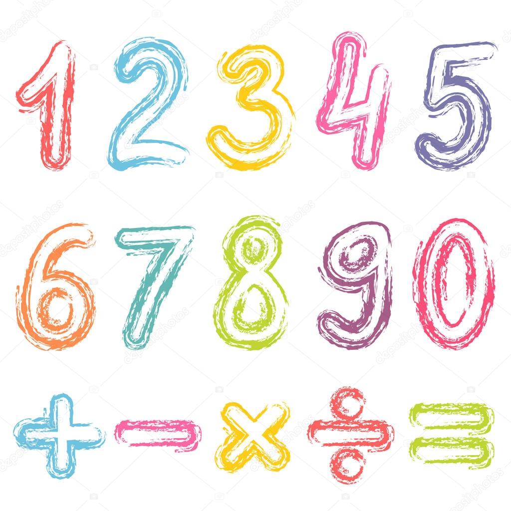 colorful numbers from zero to nine and math symbols