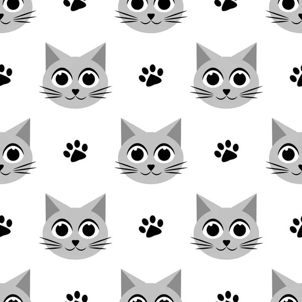 Seamless pattern with cute cats and paw prints — Stock Vector