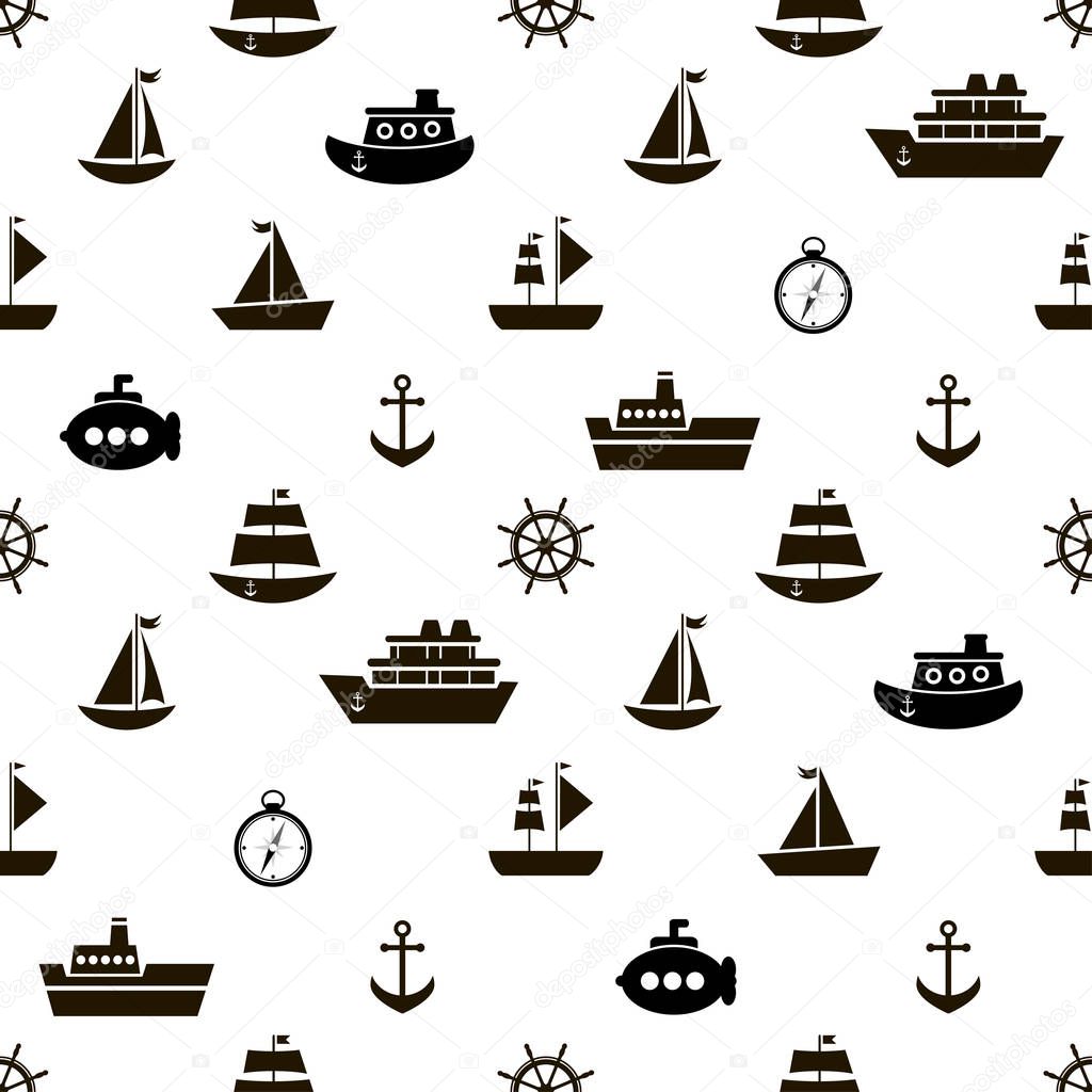 Seamless pattern with black sea transport icons