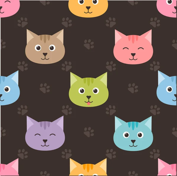 Motif sans couture avec des chats de dessin animé et des empreintes de pas — Image vectorielle