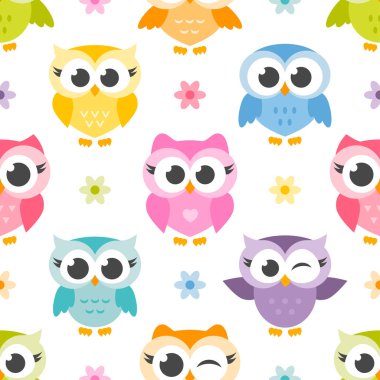 desen renkli sevimli baykuşlar ve çiçeklerle