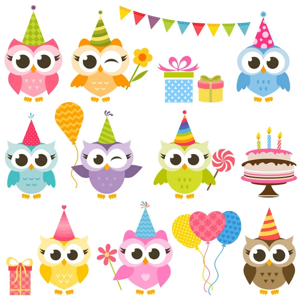 Ensemble de chouettes colorées mignonnes sur la fête d'anniversaire — Image vectorielle