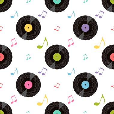 Desen renkli müzik notlar ve vinil kayıtlar