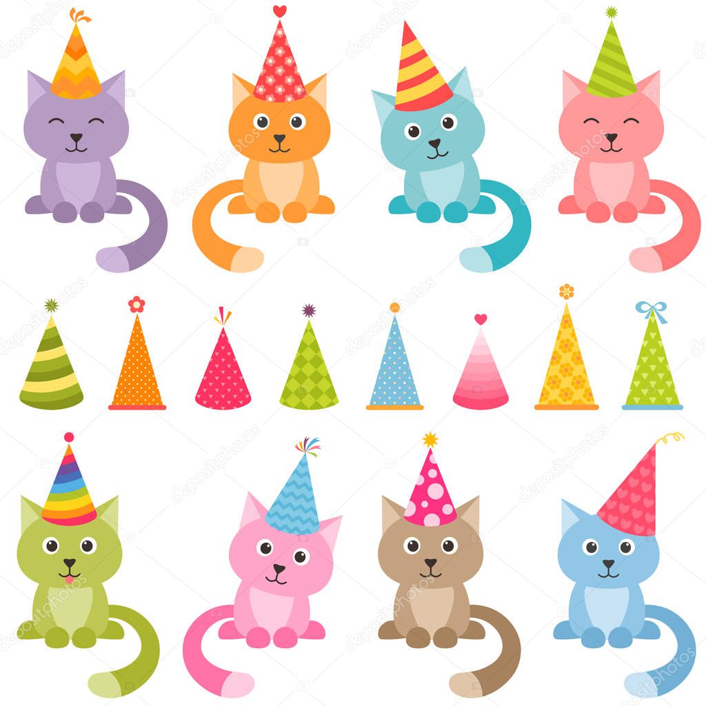 Set of cats and colorful Birthday hats