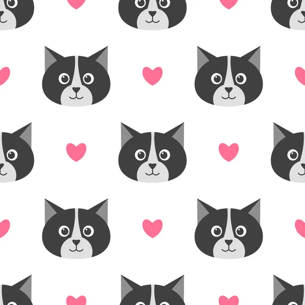 Seamless pattern with cute cats and hearts — Stock Vector