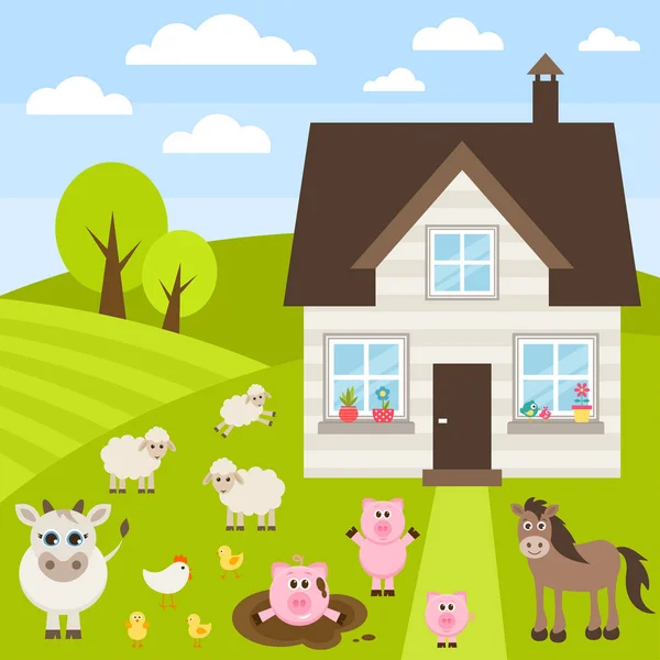 Ilustración de granja con diferentes animales — Vector de stock