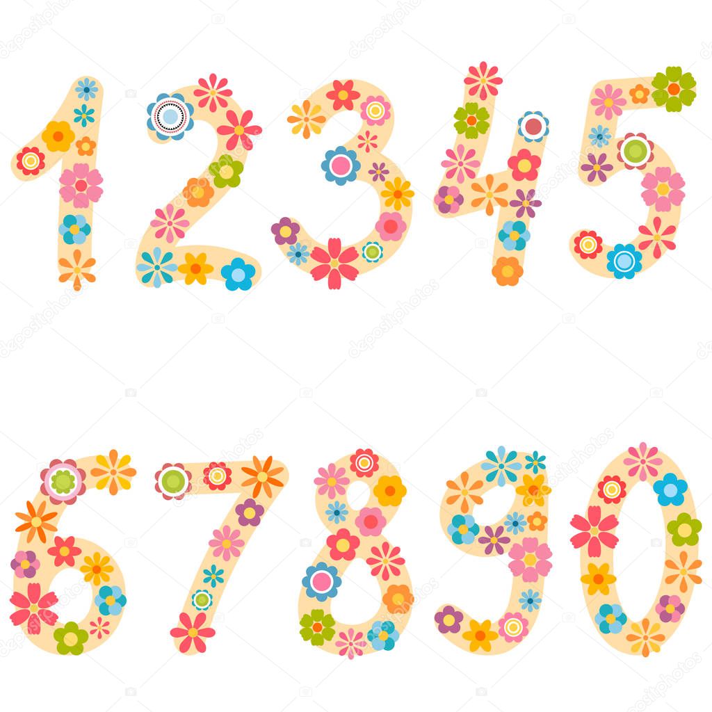 numbers from zero to nine with colorful flowers