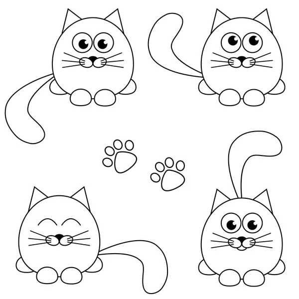 Lindo gato y huella iconos aislados en blanco — Vector de stock