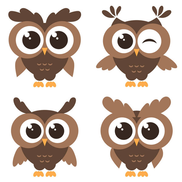 Set of brown funny owls isolated on white