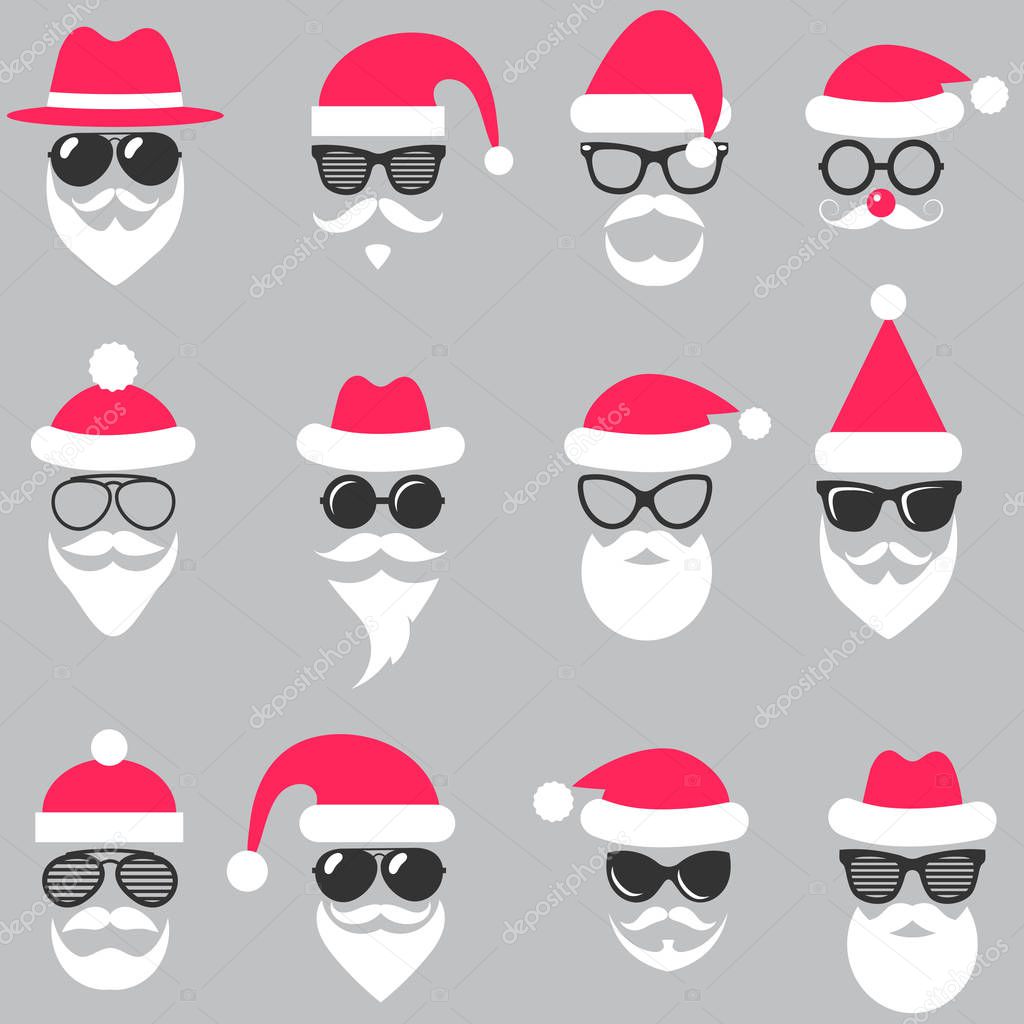 Set of Santa hats, glasses and beards