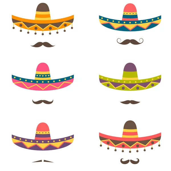 Conjunto de chapéus e bigodes mexicanos —  Vetores de Stock