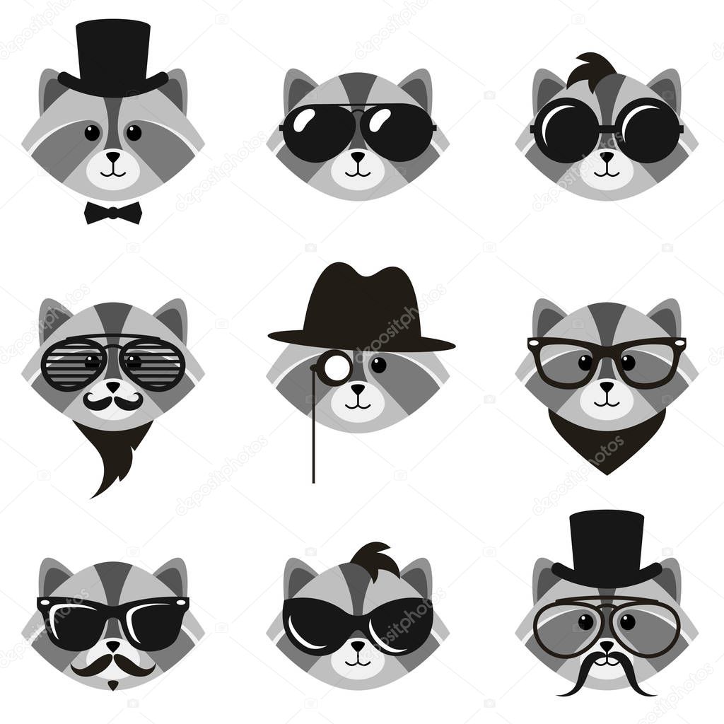 cute cartoon hipster raccoons with mustaches and sunglasses