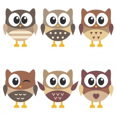 Beyaz arka plan üzerinde izole kahverengi sevimli baykuşlar kümesi