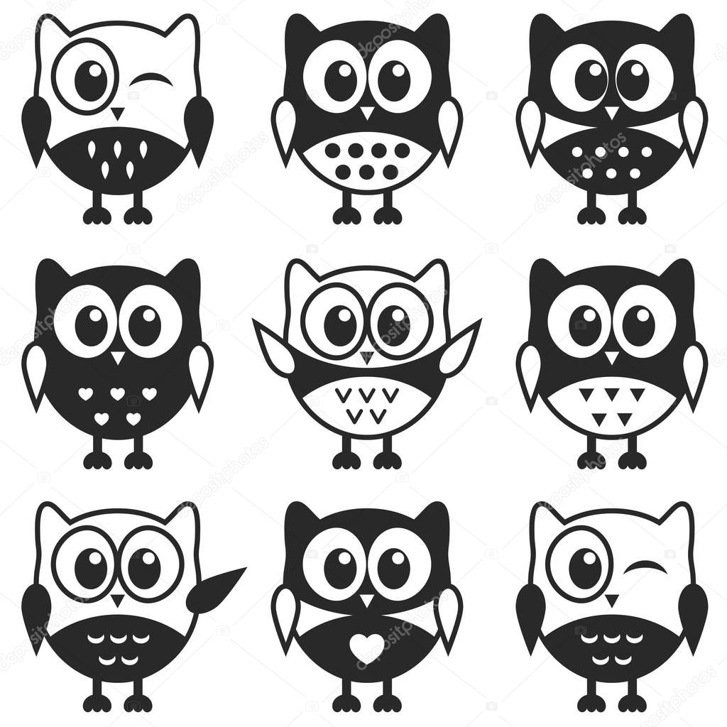 set of black and white owls and owlets