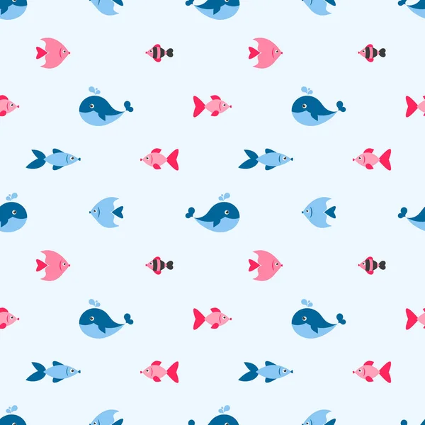 귀여운 물고기와 고래 원활한 패턴 — 스톡 벡터