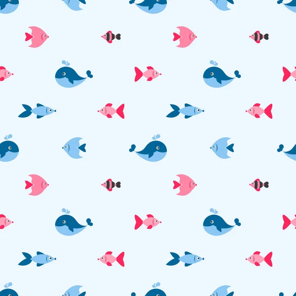 Patrón sin costuras con peces lindos y ballena — Vector de stock