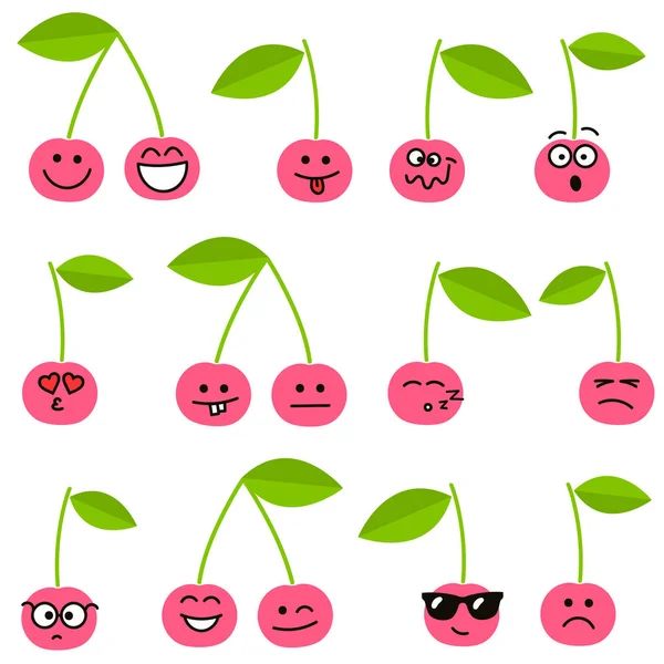 Aranyos cseresznye ikonok-val különböző érzelmek — Stock Vector