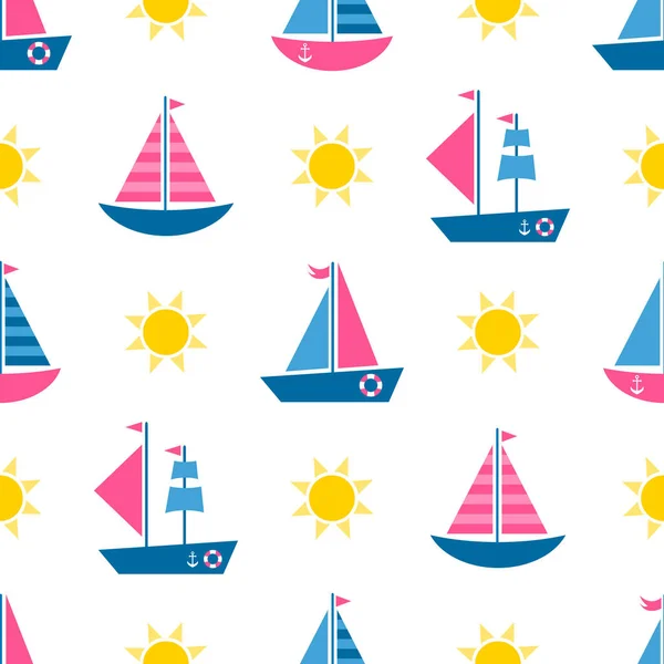 Modèle sans couture avec des bateaux de dessin animé et le soleil — Image vectorielle