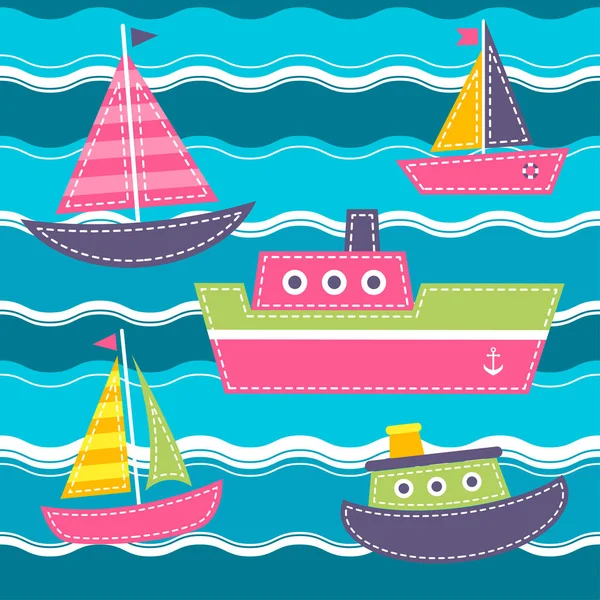 Patrón con olas de mar azul, barcos y barcos — Vector de stock