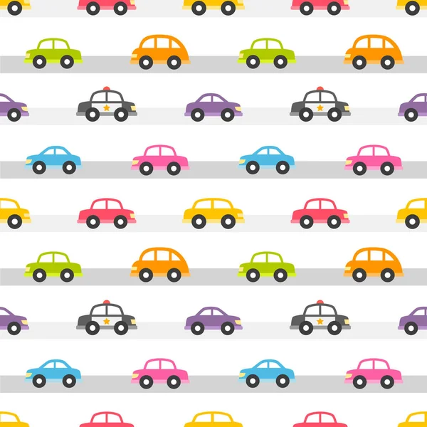 Patrón sin costuras con coches de colores en la carretera — Archivo Imágenes Vectoriales