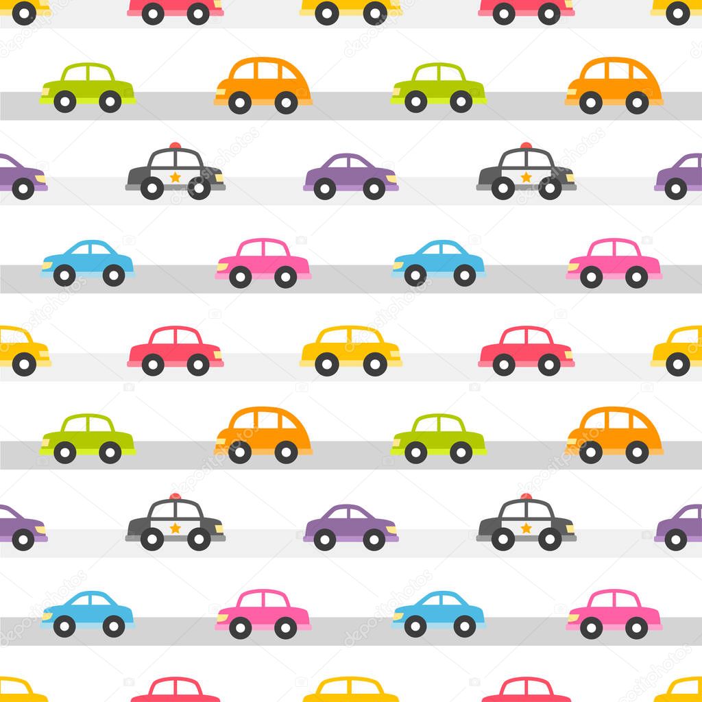 Seamless pattern with colorful cars on the road