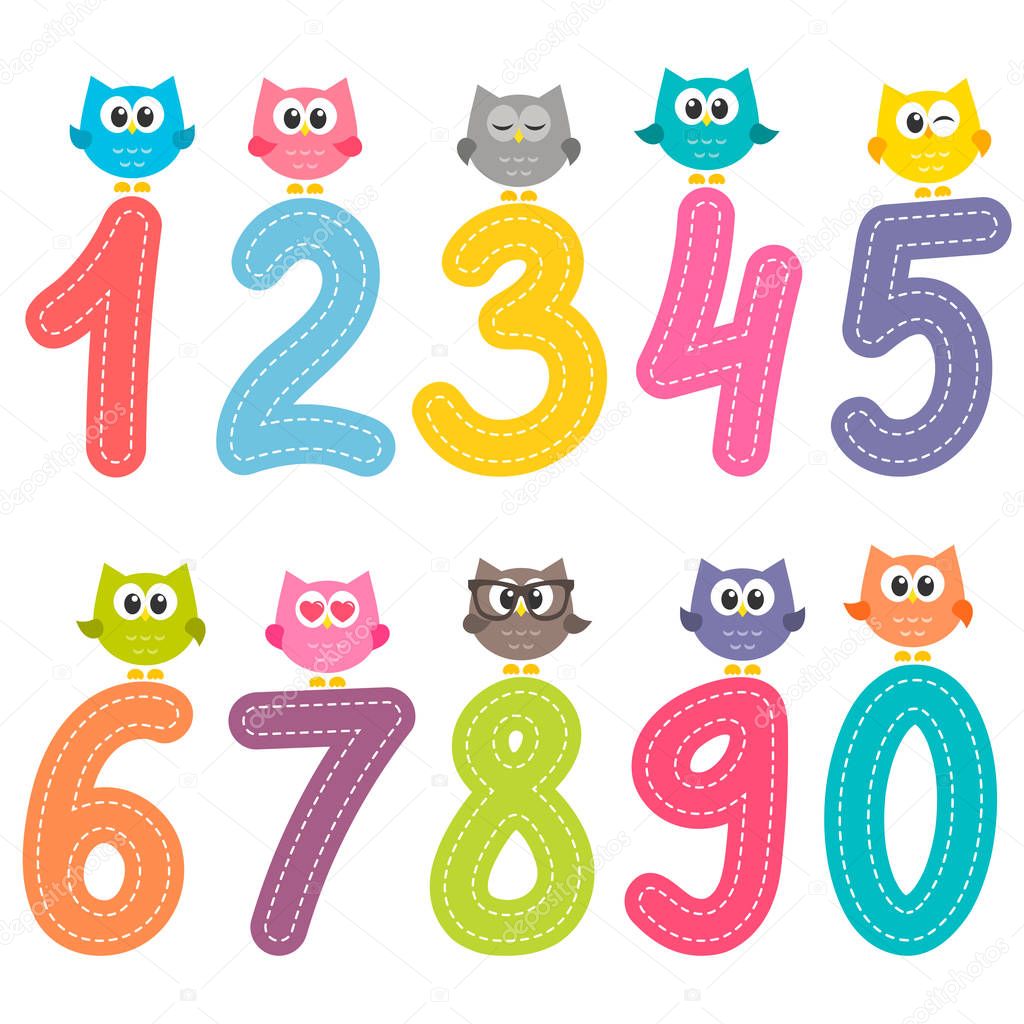 Numbers from zero to nine with cute owls