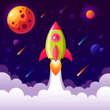 Gökyüzünde uçan uzay roketi ile arka plan