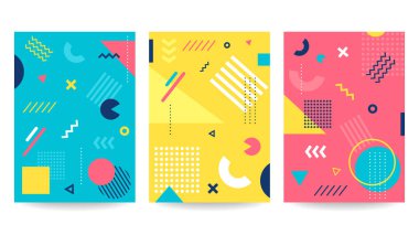 Beyaz arkaplanda izole edilmiş Memphis tarzı posterler