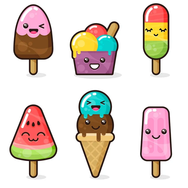 Set de helados Kawaii. Lindos personajes de dibujos animados sobre fondo blanco — Archivo Imágenes Vectoriales