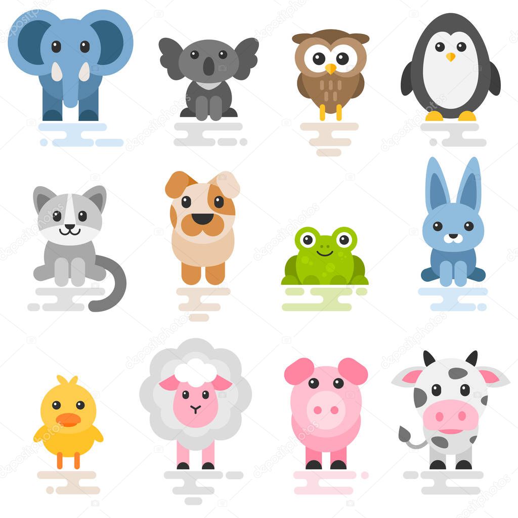 Set of cute cartoon animals. Flat style icons