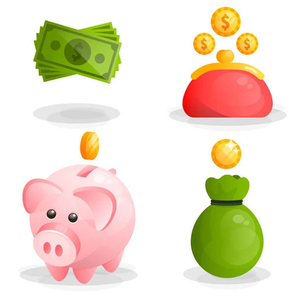Dinheiro, moedas, caixa de dinheiro piggy e ícones de carteira —  Vetores de Stock