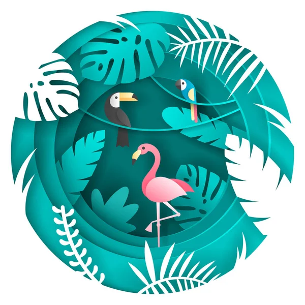 Toucan, Papagáj és Flamigo Bird a trópusi erdőben. Papír művészet stílus Vektor Grafikák