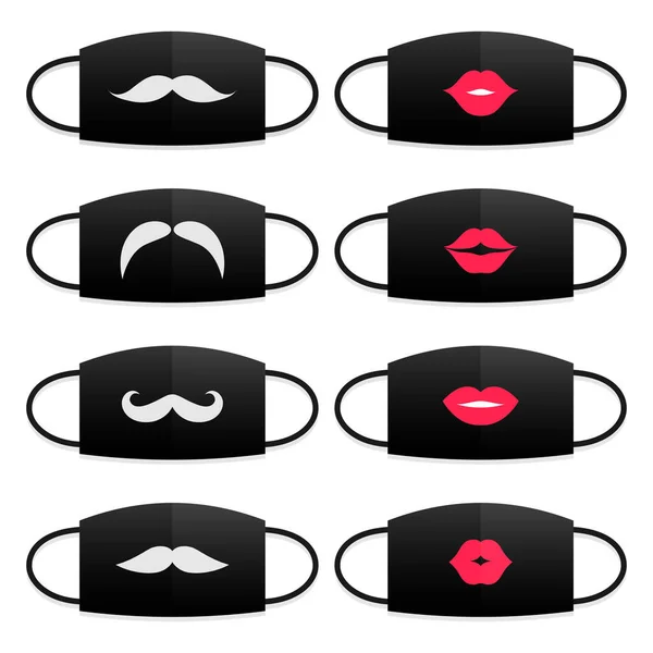 Set of medical masks with lips and mustache print. Modern person accessories Stock Illustration
