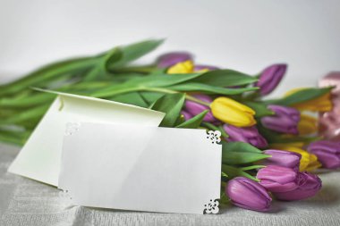 Bir tatil buket laleler, metninizi not yazabileceğiniz bir close-up                               