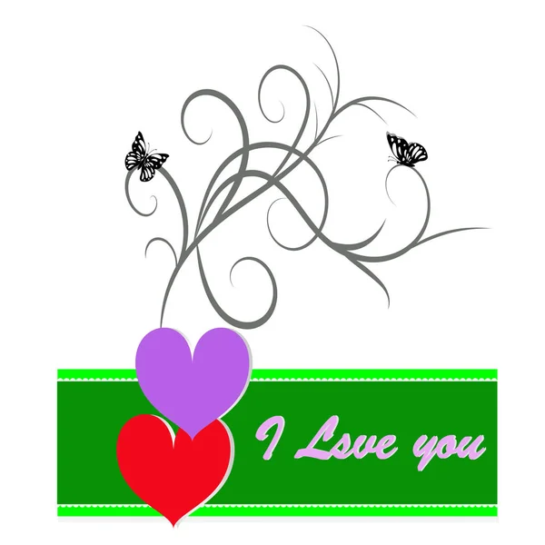 Pohlednice Pro Den Svatého Valentýna Dvě Srdce Pozadí Větve Motýly — Stockový vektor