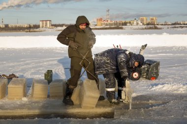 Worker cuts the ice with a gasoline saw