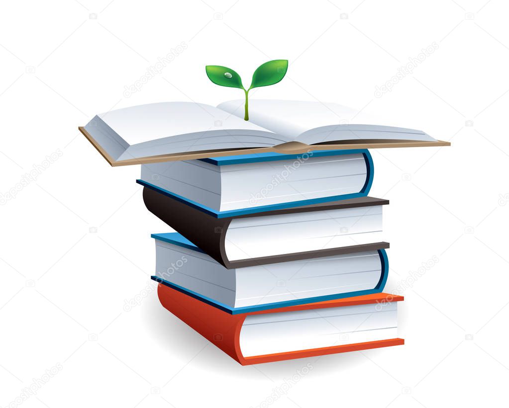 stack of books and green plant. Education concept