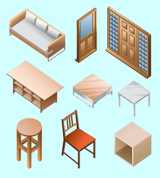 Isometrisches Set Von Wohnmöbeln Auf Blauem Hintergrund — Stockvektor