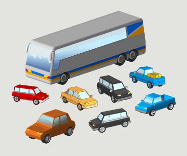 arabalar ve otobüs, küme, taşıma, araçlar, vektör çizim 