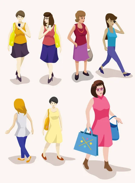 Several People Isometric Vector Set Women Activity Illustration — Stock Vector