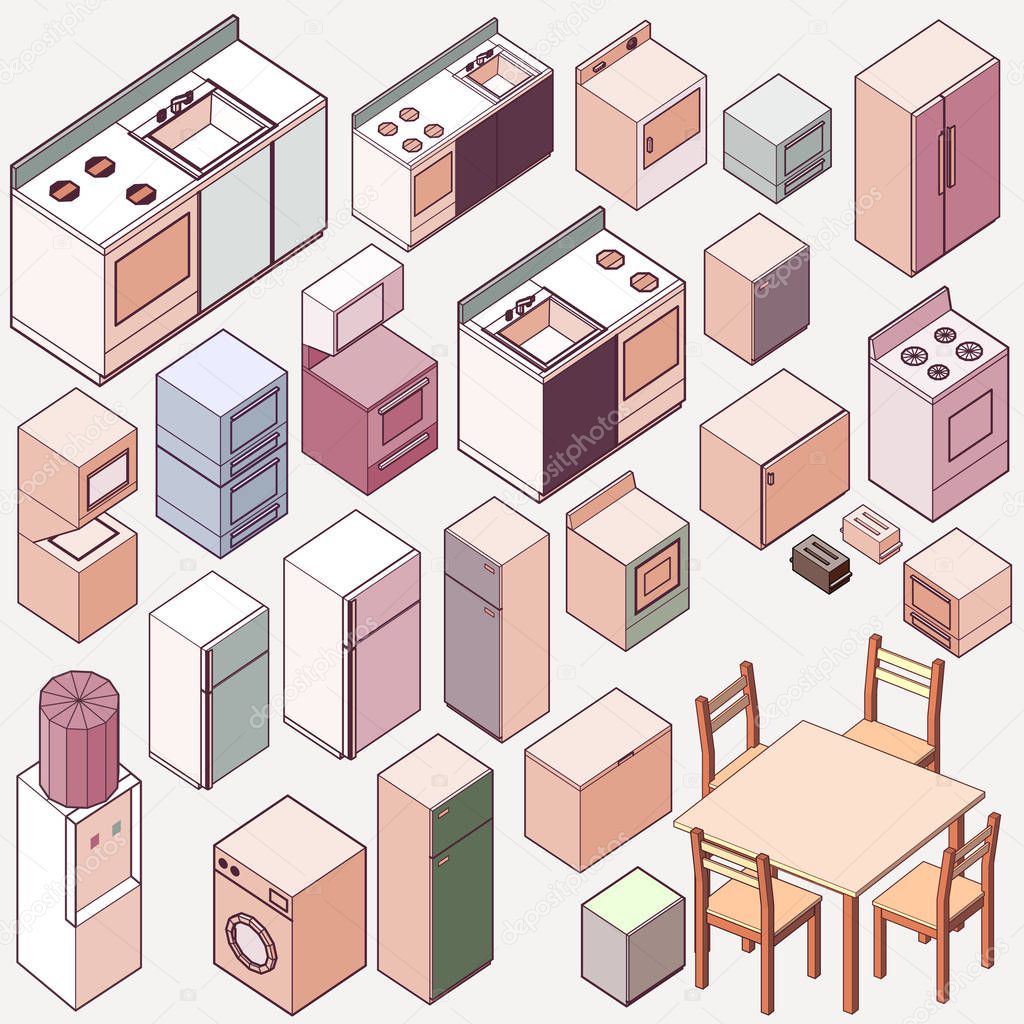 set of kitchen furniture isometric vector illustration 