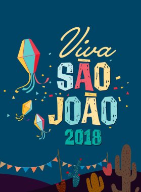 Sao Joao ya da Festa junina, Brezilya haziran partisi tebrik kartı, davetiye. Vektör illüstrasyonu