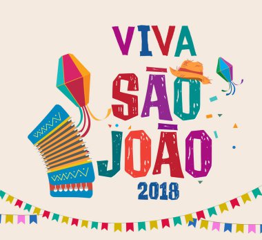 Sao Joao ya da Festa junina, Brezilya haziran partisi tebrik kartı, davetiye. Vektör illüstrasyonu